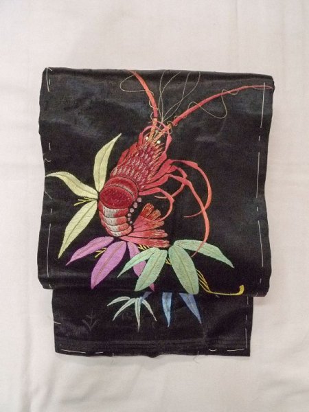 画像6: N0216O 名古屋帯 女性用着物 シルク(正絹)   黒 笹 【中古】 【USED】 【リサイクル】 ★★☆☆☆ (6)