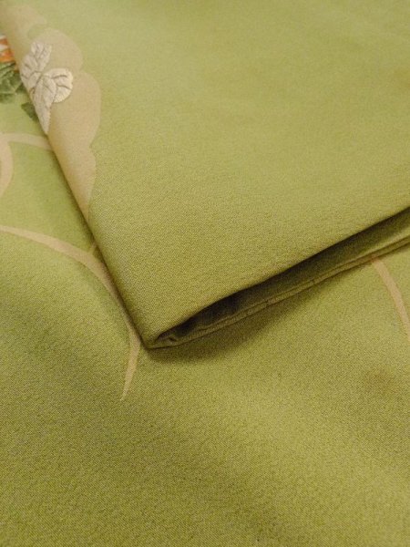 画像5: N0216P 名古屋帯 女性用着物 シルク(正絹) 淡い 灰色がかった 黄緑色 菊 【中古】 【USED】 【リサイクル】 ★★☆☆☆ (5)