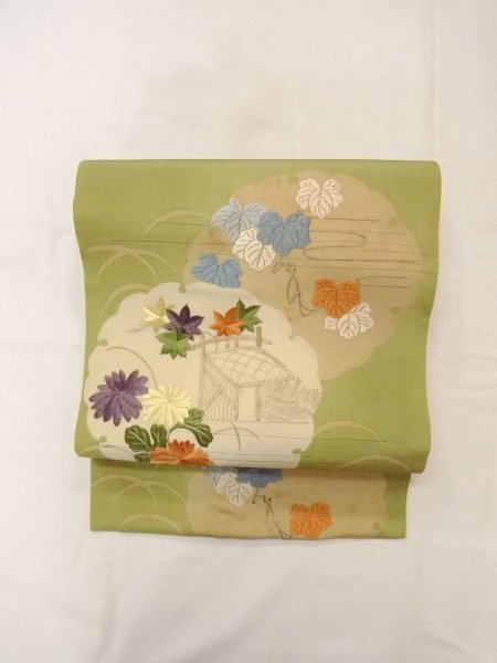 画像6: N0216P 名古屋帯 女性用着物 シルク(正絹) 淡い 灰色がかった 黄緑色 菊 【中古】 【USED】 【リサイクル】 ★★☆☆☆ (6)