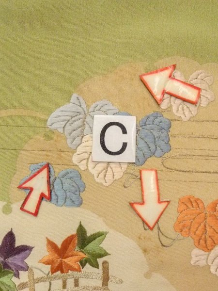 画像9: N0216P 名古屋帯 女性用着物 シルク(正絹) 淡い 灰色がかった 黄緑色 菊 【中古】 【USED】 【リサイクル】 ★★☆☆☆ (9)