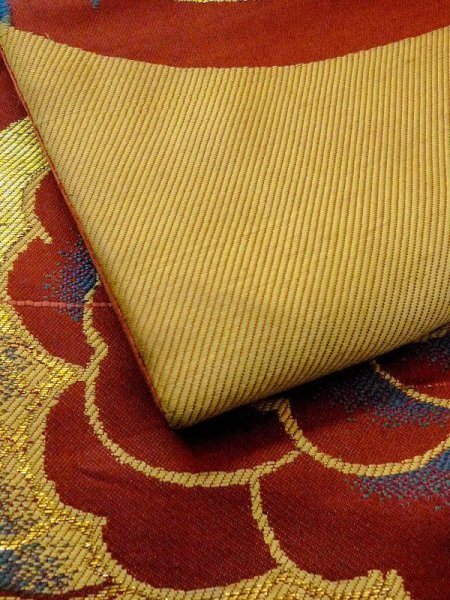 画像5: N0216Z 名古屋帯 女性用着物 シルク(正絹)  灰色がかった 黄色 花 【中古】 【USED】 【リサイクル】 ★☆☆☆☆ (5)