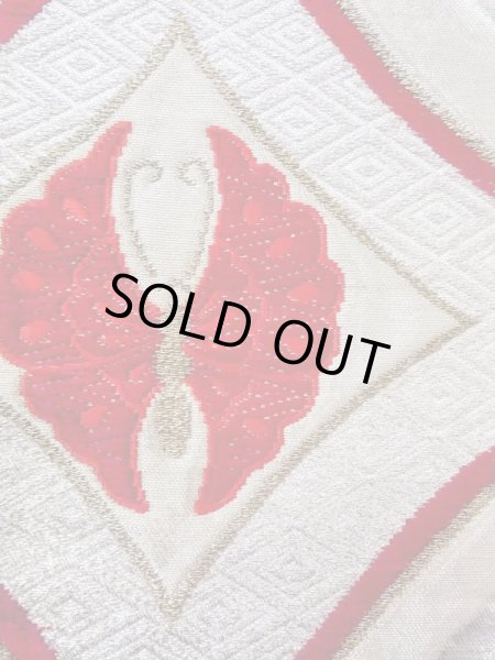 画像4: N0227D 袋帯 女性用着物 シルク（正絹）  光沢のある 銀色 ぼたん 【中古】 【USED】 【リサイクル】 ★★★★☆ (4)