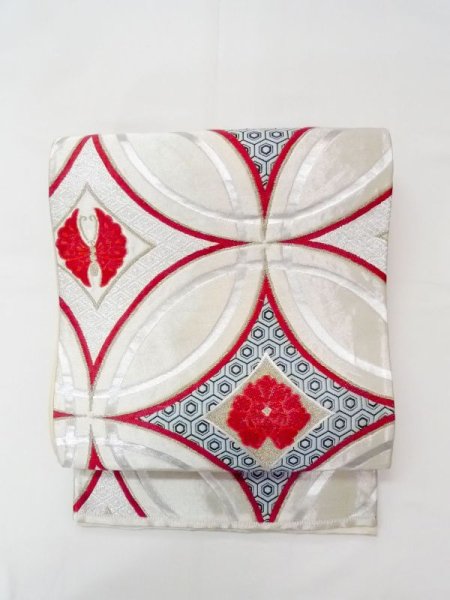 画像15: N0227D 袋帯 女性用着物 シルク(正絹)  光沢のある 銀色 ぼたん 【中古】 【USED】 【リサイクル】 ★★★★☆ (15)