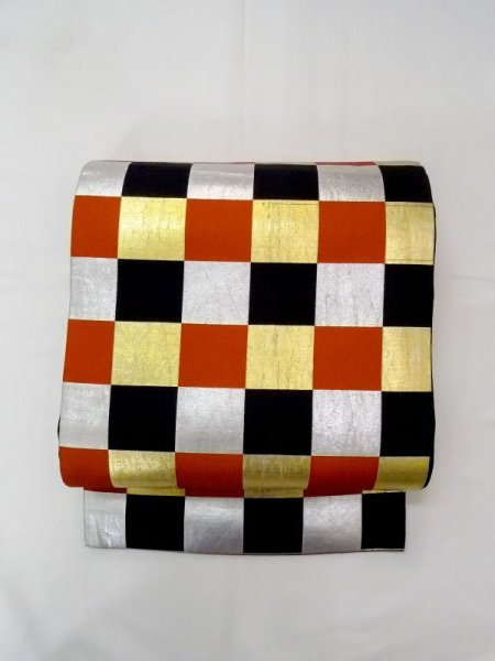 画像13: N0227E 袋帯 女性用着物 シルク(正絹)   マルチカラー チェック柄 【中古】 【USED】 【リサイクル】 ★★☆☆☆ (13)