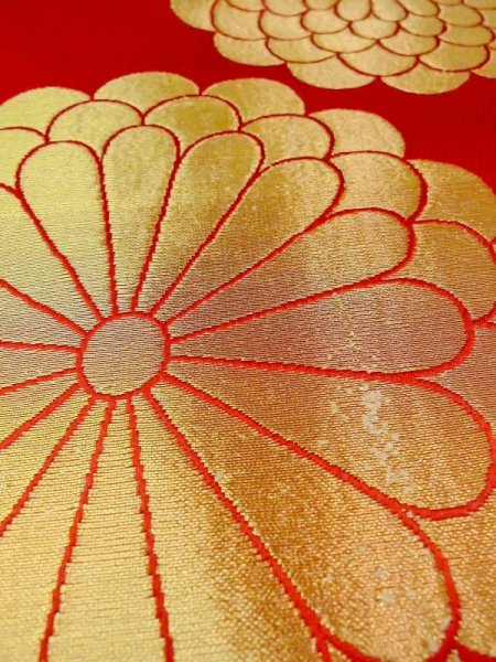 画像10: N0227F 袋帯 女性用着物 シルク(正絹)  光沢のある 赤色 菊 【中古】 【USED】 【リサイクル】 ★★☆☆☆ (10)