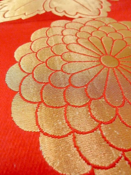画像11: N0227F 袋帯 女性用着物 シルク(正絹)  光沢のある 赤色 菊 【中古】 【USED】 【リサイクル】 ★★☆☆☆ (11)