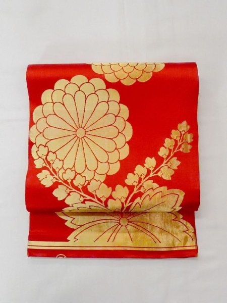 画像16: N0227F 袋帯 女性用着物 シルク(正絹)  光沢のある 赤色 菊 【中古】 【USED】 【リサイクル】 ★★☆☆☆ (16)