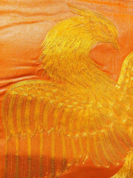 画像7: N0227J 袋帯 女性用着物 シルク(正絹)  光沢のある 橙色 鳳凰 【中古】 【USED】 【リサイクル】 ★★★☆☆ (7)