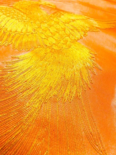 画像10: N0227J 袋帯 女性用着物 シルク(正絹)  光沢のある 橙色 鳳凰 【中古】 【USED】 【リサイクル】 ★★★☆☆ (10)