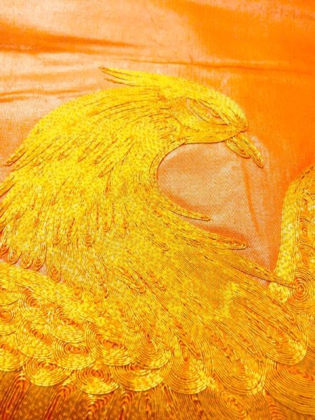 画像13: N0227J 袋帯 女性用着物 シルク(正絹)  光沢のある 橙色 鳳凰 【中古】 【USED】 【リサイクル】 ★★★☆☆ (13)