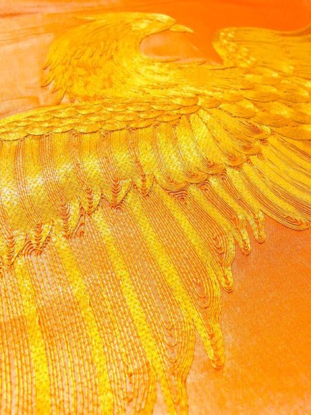 画像15: N0227J 袋帯 女性用着物 シルク(正絹)  光沢のある 橙色 鳳凰 【中古】 【USED】 【リサイクル】 ★★★☆☆ (15)