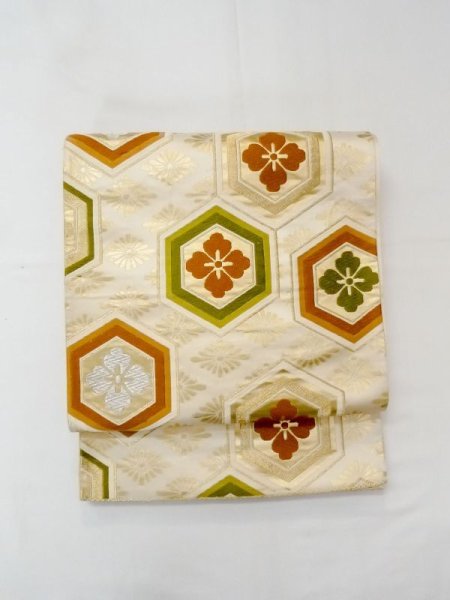 画像11: N0227L 袋帯 女性用着物 シルク(正絹)   アイボリー 菊 【中古】 【USED】 【リサイクル】 ★★☆☆☆ (11)