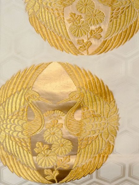 画像2: N0227M 袋帯 女性用着物 化繊   オフ ホワイト 菊 【中古】 【USED】 【リサイクル】 ★★☆☆☆ (2)