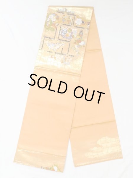 画像1: N0227N 袋帯 女性用着物 化繊  鮮やか 橙色 ぼたん 【中古】 【USED】 【リサイクル】 ★★☆☆☆ (1)