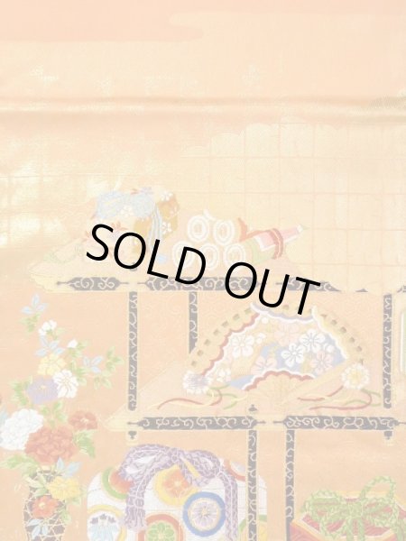 画像2: N0227N 袋帯 女性用着物 化繊  鮮やか 橙色 ぼたん 【中古】 【USED】 【リサイクル】 ★★☆☆☆ (2)