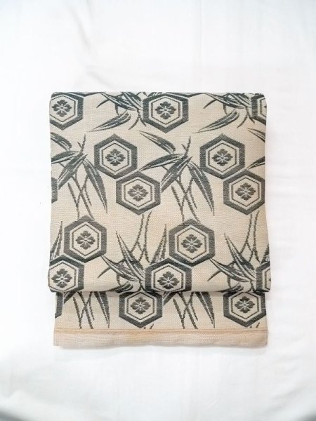 画像9: N0227O 袋帯 女性用着物 シルク(正絹) 淡い 灰色がかった オリーブ 笹 【中古】 【USED】 【リサイクル】 ★★☆☆☆ (9)