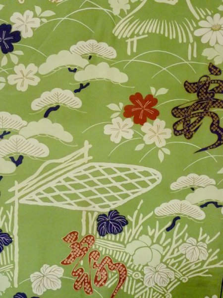 画像2: N0227P 袋帯 女性用着物 シルク(正絹)   緑色 花 【中古】 【USED】 【リサイクル】 ★☆☆☆☆ (2)