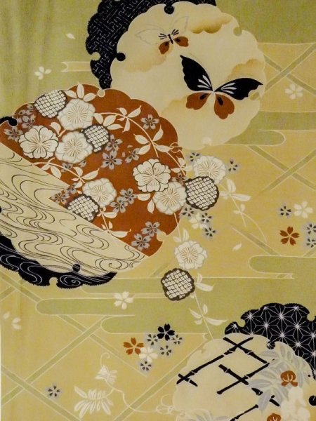 画像2: N0227Q 名古屋帯 女性用着物 シルク(正絹)   オリーブ 藤 【中古】 【USED】 【リサイクル】 ★★☆☆☆ (2)