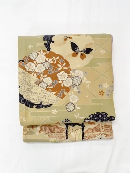 画像13: N0227Q 名古屋帯 女性用着物 シルク(正絹)   オリーブ 藤 【中古】 【USED】 【リサイクル】 ★★☆☆☆ (13)