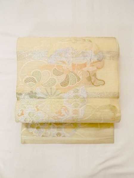 画像12: N0227T 袋帯 女性用着物 シルク(正絹)   アイボリー 花 【中古】 【USED】 【リサイクル】 ★★☆☆☆ (12)