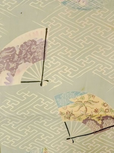 画像2: N0227U 名古屋帯 女性用着物 シルク(正絹) 灰色がかった 緑み 水色 花 【中古】 【USED】 【リサイクル】 ★☆☆☆☆ (2)