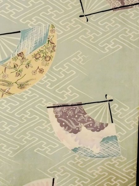 画像3: N0227U 名古屋帯 女性用着物 シルク(正絹) 灰色がかった 緑み 水色 花 【中古】 【USED】 【リサイクル】 ★☆☆☆☆ (3)