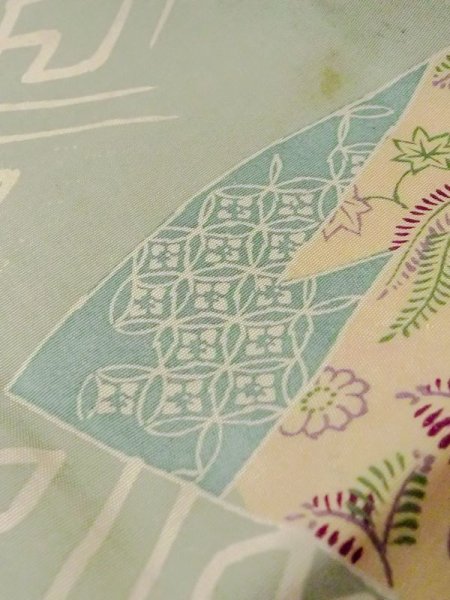 画像8: N0227U 名古屋帯 女性用着物 シルク(正絹) 灰色がかった 緑み 水色 花 【中古】 【USED】 【リサイクル】 ★☆☆☆☆ (8)