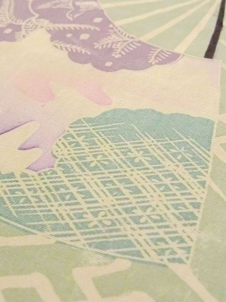 画像9: N0227U 名古屋帯 女性用着物 シルク(正絹) 灰色がかった 緑み 水色 花 【中古】 【USED】 【リサイクル】 ★☆☆☆☆ (9)