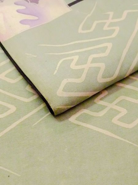 画像10: N0227U 名古屋帯 女性用着物 シルク(正絹) 灰色がかった 緑み 水色 花 【中古】 【USED】 【リサイクル】 ★☆☆☆☆ (10)