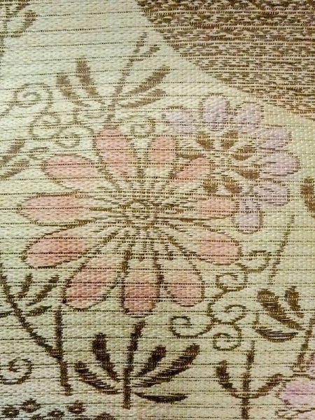 画像4: N0227W 袋帯 女性用着物 シルク(正絹) 淡い 灰色がかった 黄緑色 花 【中古】 【USED】 【リサイクル】 ★☆☆☆☆ (4)