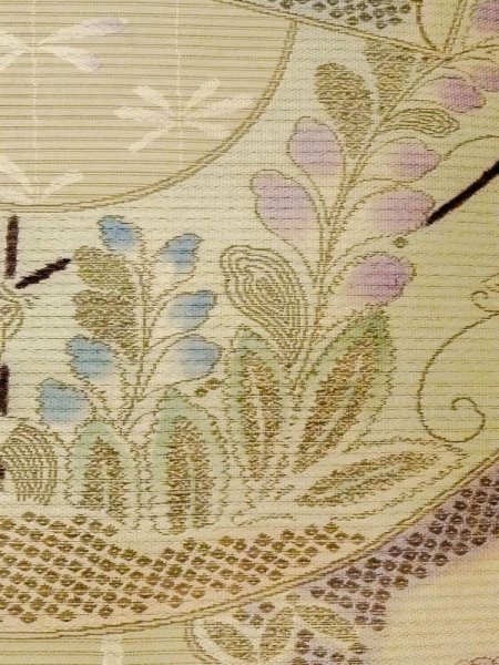 画像5: N0227W 袋帯 女性用着物 シルク(正絹) 淡い 灰色がかった 黄緑色 花 【中古】 【USED】 【リサイクル】 ★☆☆☆☆ (5)