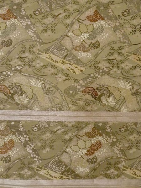 画像3: N0227Y 袋帯 女性用着物 シルク(正絹)   オリーブ 松/松葉 【中古】 【USED】 【リサイクル】 ★★☆☆☆ (3)