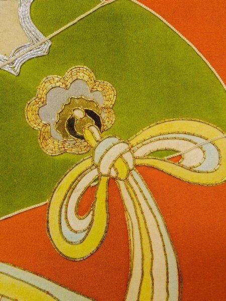 画像6: N0228A 袋帯 女性用着物 シルク（正絹）  鮮やか 橙色 菊 【中古】 【USED】 【リサイクル】 ★☆☆☆☆ (6)