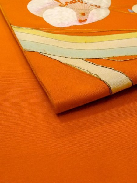 画像10: N0228A 袋帯 女性用着物 シルク（正絹）  鮮やか 橙色 菊 【中古】 【USED】 【リサイクル】 ★☆☆☆☆ (10)