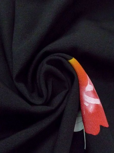 画像10: N0329J  女性用 道行  化繊   黒, 椿 【中古】 【USED】 【リサイクル】 ★★☆☆☆ (10)