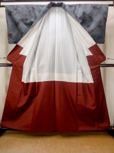 画像2: N0409K Mint  女性用 紬  シルク(正絹)   灰色, 花 【中古】 【USED】 【リサイクル】 ★★★★☆ (2)