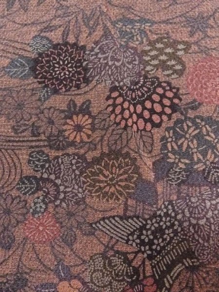 画像5: N0409T  女性用 小紋  シルク(正絹)  赤み 茶色, 桜 【中古】 【USED】 【リサイクル】 ★★★☆☆ (5)