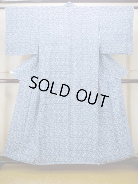 画像1: N0409V  女性用 小紋  シルク（正絹）  灰色がかった 青, 花 【中古】 【USED】 【リサイクル】 ★★☆☆☆ (1)