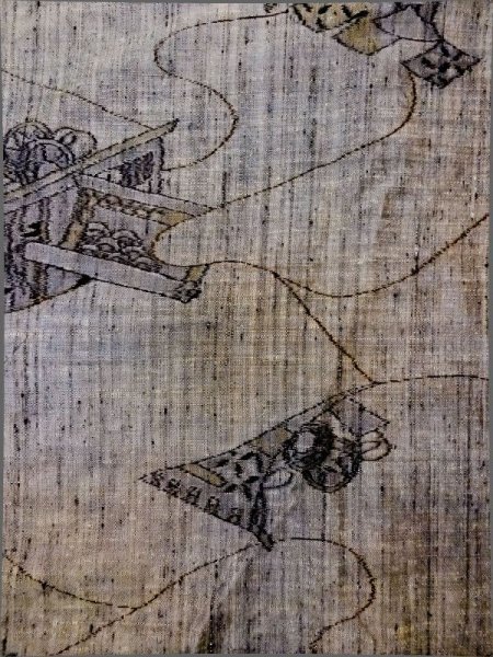 画像3: N0509K  女性用 紬 絵巻、几帳柄 シルク(正絹)   灰色, 鼓 【中古】 【USED】 【リサイクル】 ★★★☆☆ (3)