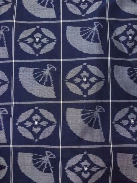 画像3: N0509W  女性用 紬  シルク(正絹)   藍, 扇 【中古】 【USED】 【リサイクル】 ★★★☆☆ (3)