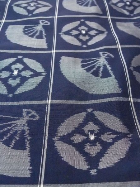 画像10: N0509W  女性用 紬  シルク(正絹)   藍, 扇 【中古】 【USED】 【リサイクル】 ★★★☆☆ (10)