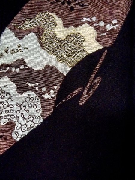 画像7: N0530B  女性用 道行  シルク（正絹）   黒, 葉 【中古】 【USED】 【リサイクル】 ★★★☆☆ (7)