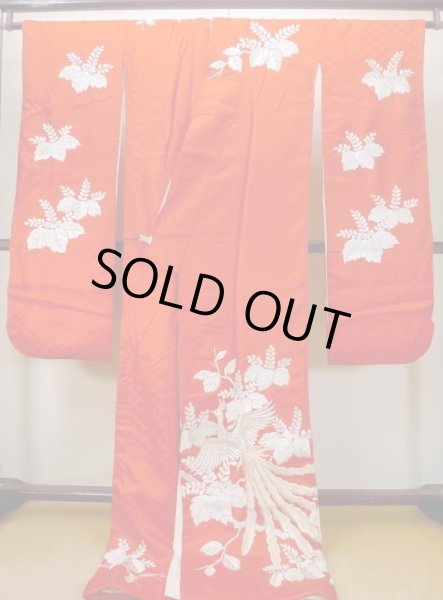 画像3: N0605A  女性用 掛下  シルク(正絹)  光沢のある 赤色, 鳳凰 【中古】 【USED】 【リサイクル】 ★★★☆☆ (3)