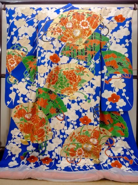 画像2: N0605D  女性用 打掛  シルク(正絹)   青, ぼたん 【中古】 【USED】 【リサイクル】 ★★★☆☆ (2)