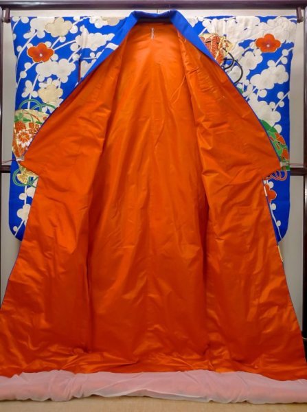 画像4: N0605D  女性用 打掛  シルク(正絹)   青, ぼたん 【中古】 【USED】 【リサイクル】 ★★★☆☆ (4)