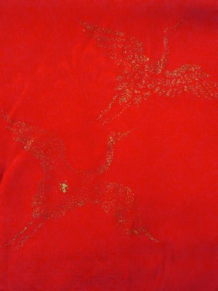 画像4: N0629F  女性用 女の子 半衿付き、地紋:タッセル、扇、亀甲 シルク(正絹)   赤色, 鶴 【中古】 【USED】 【リサイクル】 ★★★☆☆ (4)