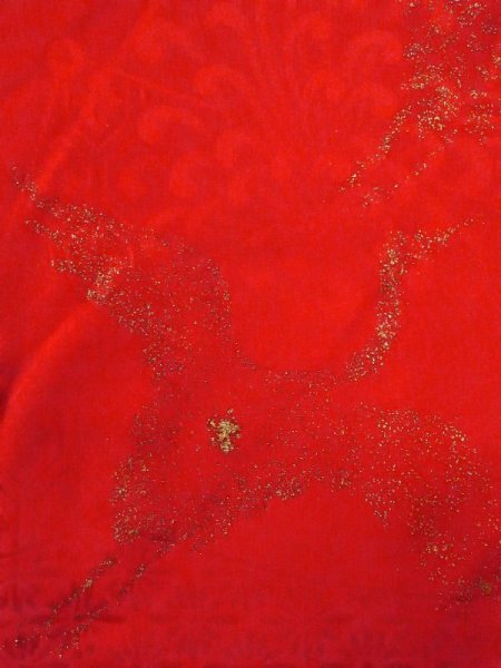 画像6: N0629F  女性用 女の子 半衿付き、地紋:タッセル、扇、亀甲 シルク(正絹)   赤色, 鶴 【中古】 【USED】 【リサイクル】 ★★★☆☆ (6)