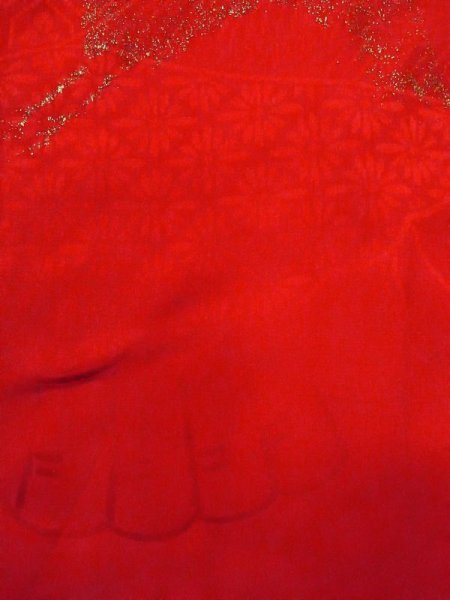 画像7: N0629F  女性用 女の子 半衿付き、地紋:タッセル、扇、亀甲 シルク(正絹)   赤色, 鶴 【中古】 【USED】 【リサイクル】 ★★★☆☆ (7)