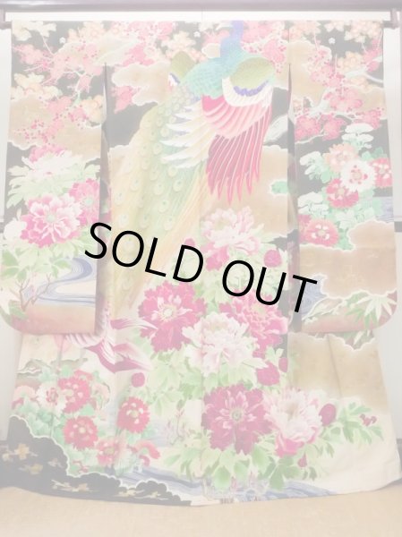 画像1: N0717E  女性用 振袖  シルク（正絹）   黒, ぼたん 【中古】 【USED】 【リサイクル】 ★★★☆☆ (1)