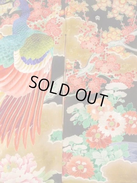 画像7: N0717E  女性用 振袖  シルク（正絹）   黒, ぼたん 【中古】 【USED】 【リサイクル】 ★★★☆☆ (7)